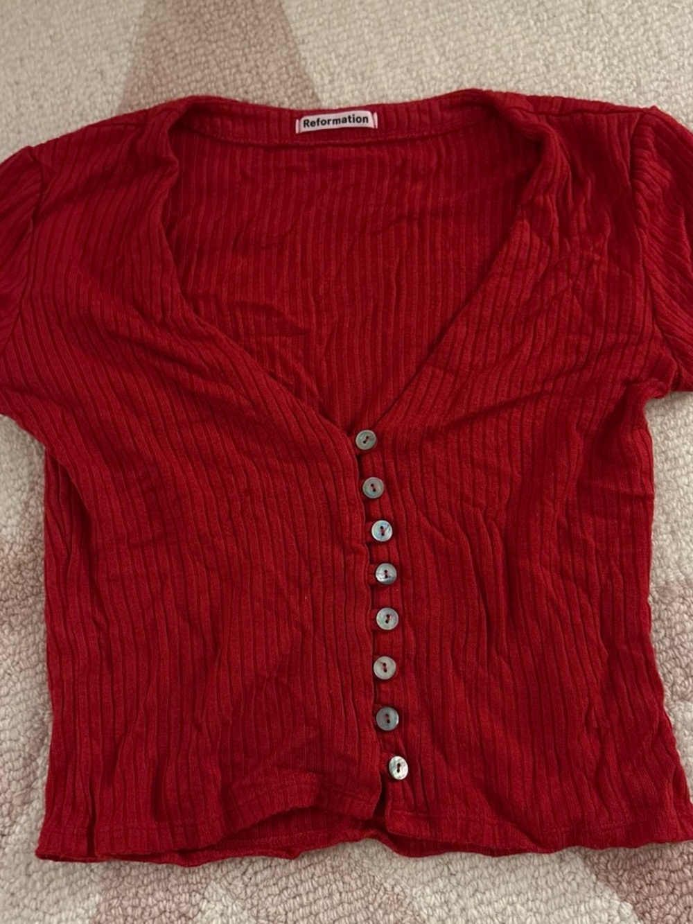 Reformation Red Ribbed Button-Front Tee